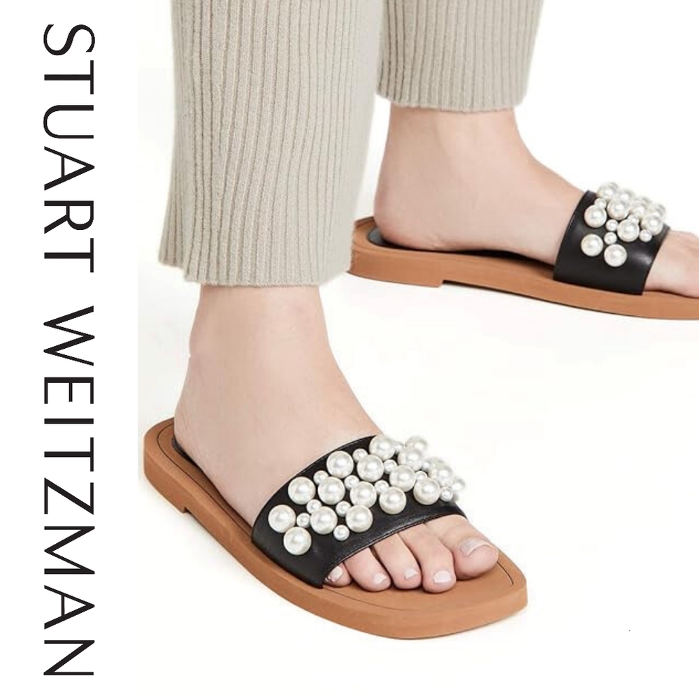 Stuart Weitzman Goldie Faux Pearl-Studded Leather Slides Size 9 Authentic - Picture 6 of 9